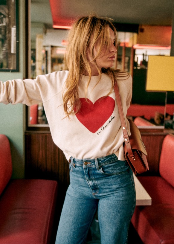 Sweat Shirt La Chamade Creme Rouge Coton biologique textile biologique Sezane