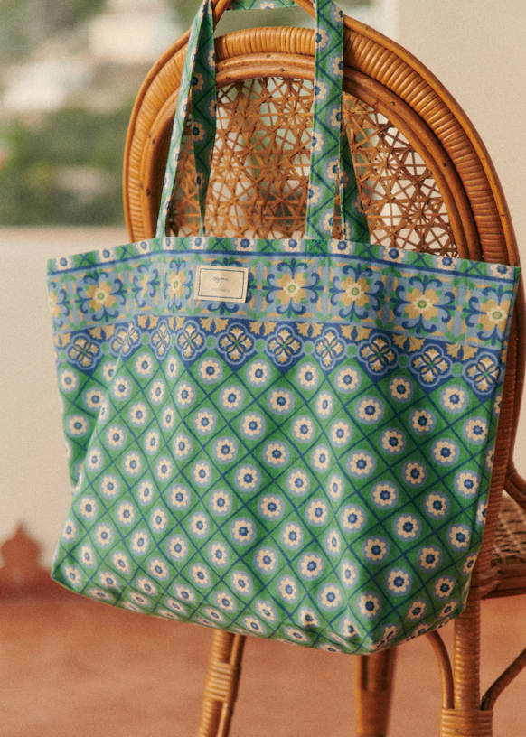 Momonì Tote Bag - Green and blue flowers & frieze - Cotton - Sézane