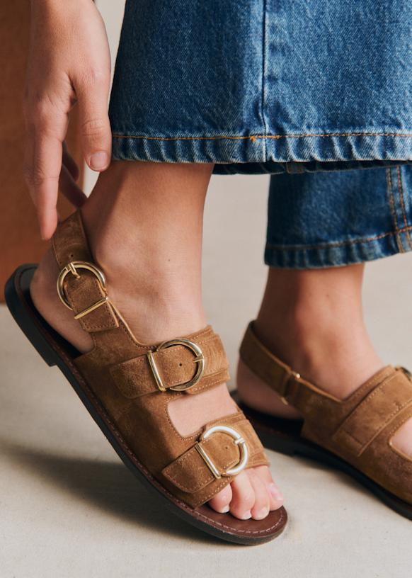 Maia Low Sandals - Taupe Khaki - Split cowhide leather - Sézane