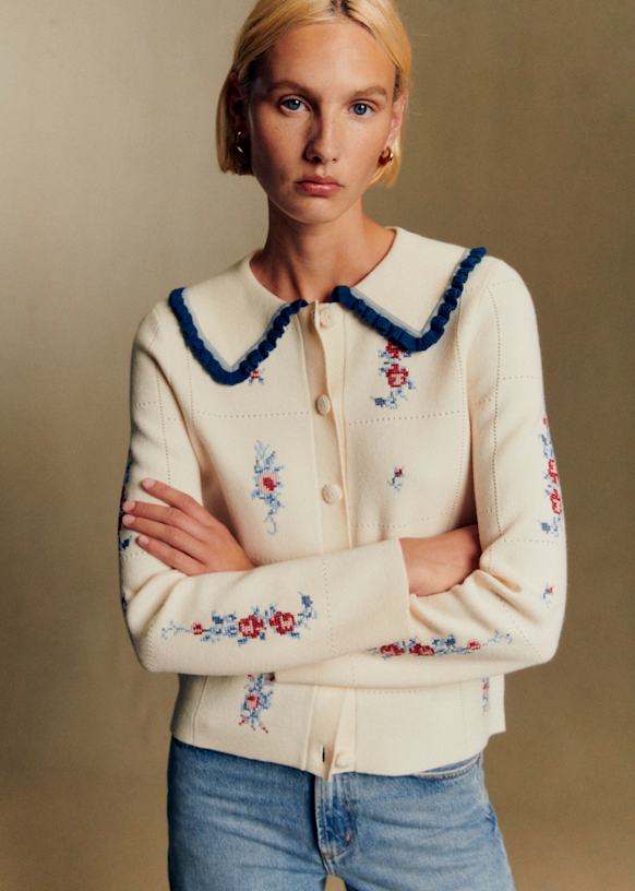 Antoine Cardigan - Sézane x Baziszt - Jacquard with Ecru Background - Merino Wool - Sézane