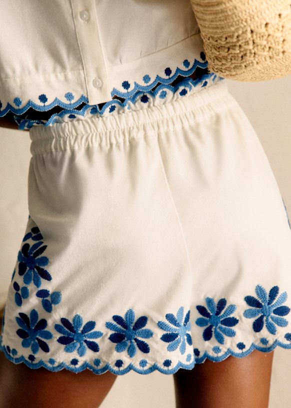 Matilio Shorts - White with Multicolored Floral Embroidery