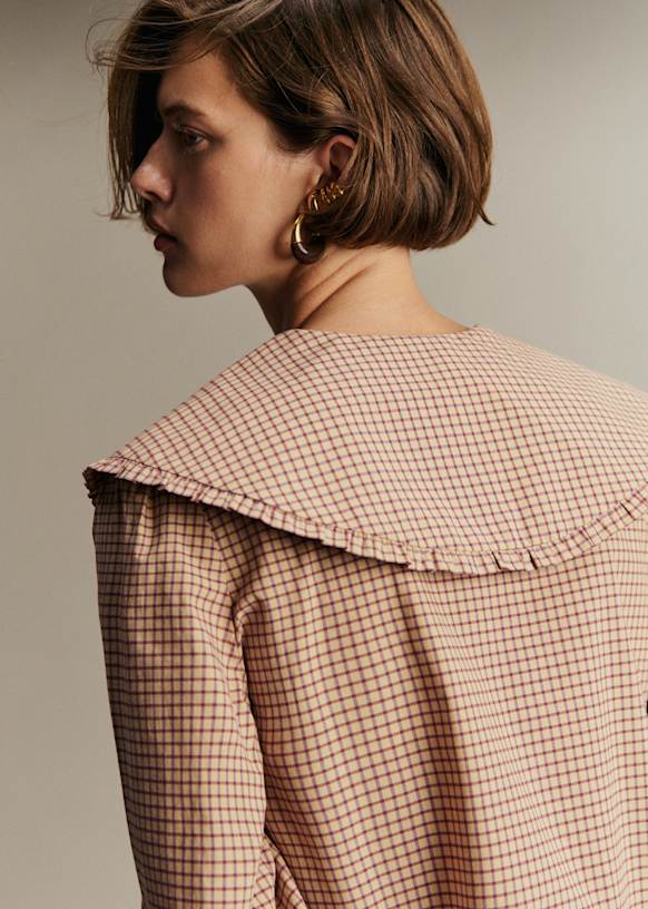 IENA【イエナ】☆フレンチリネンチェックレギュラーカラーシャツ　新品ベージュ Laureline シャツ - ベージュ エクリュ ネイビー チェック