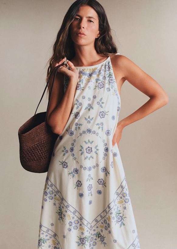 Ysara Dress - Ecru with Blue Morning Dew Embroidery - Organic