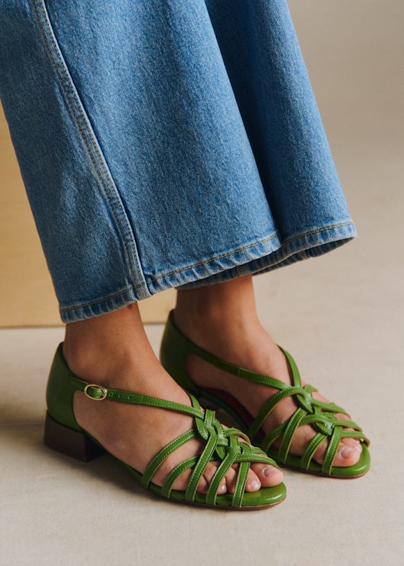 超美品 ポルトガル製 SOULIERS SÉZANE サンダル 編込 本革 Juliette ローサンダル - クロコ・ブラウン - 牛革 - Sézane