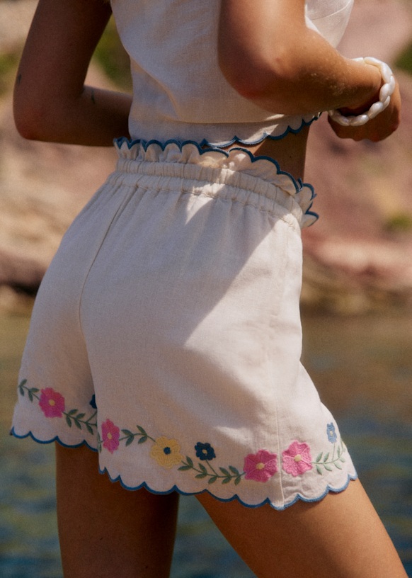 Matilio Shorts - White with Multicolored Floral Embroidery