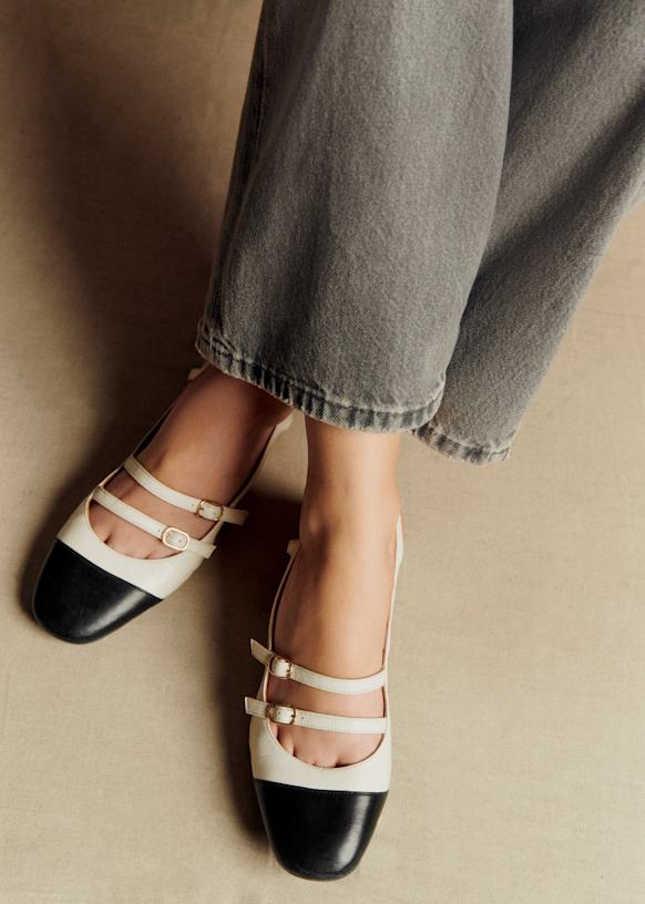 美品 SEZANE セザンヌ PAULA ベイビーズ ストラップ パンプス Paula Babies - Ecru / Black - Sheep leather - Sézane