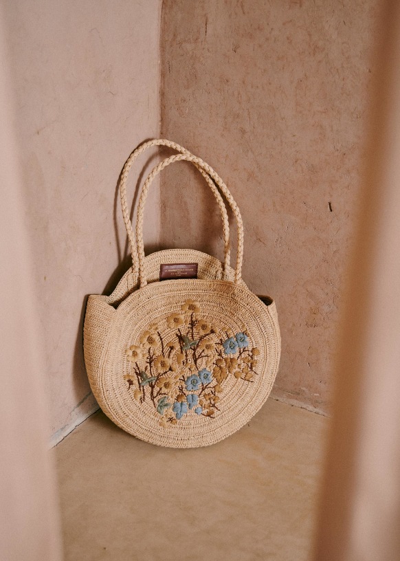 [SEZANE] スモールフラワー刺繍 Juneバスケット June Basket - Embroidered Floral - Raffia - Sézane