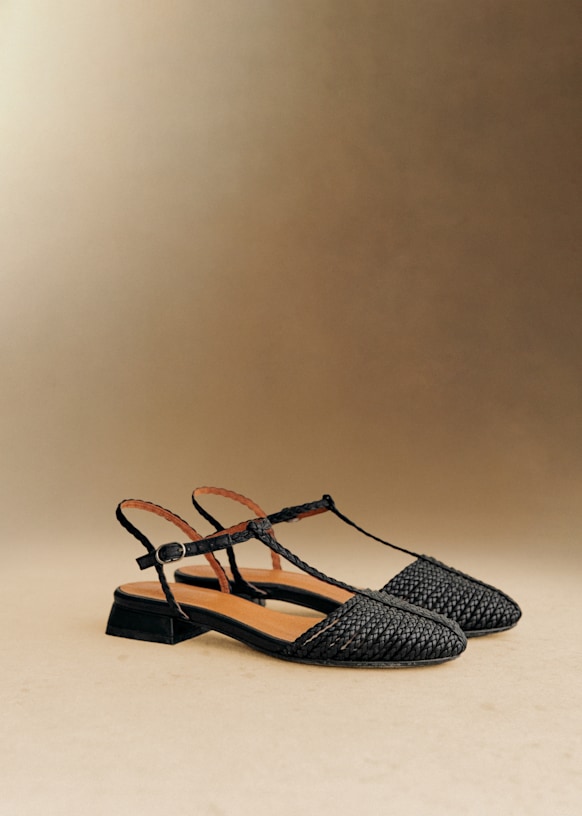 Aurore Low Sandals - Black woven - Sheep leather - Sézane