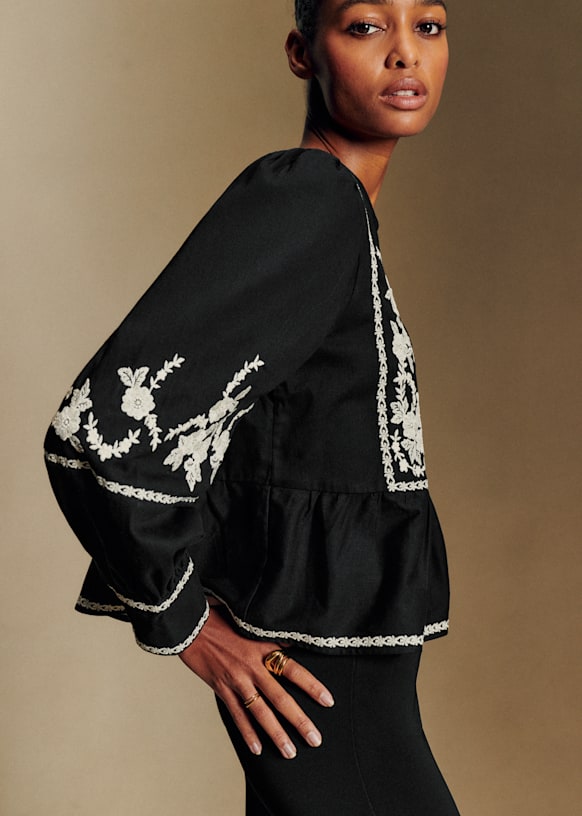Léa Blouse - Black with Cream Embroidery - Organic Cotton - Sézane Léa Blouse - Black with Cream Embroidery - Organic Cotton - Sézane