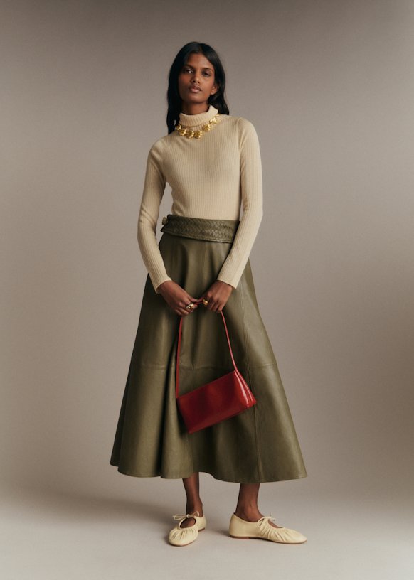 Solyne Skirt - Olive Green - Lamb leather - Sézane