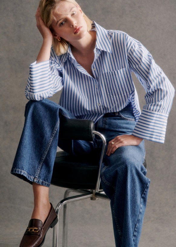 CELINE エディ期 ルーズシャツ コットンポプリン ストライプ 薄青 38