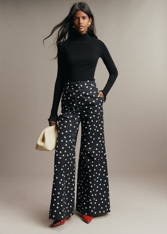 Celsio Trousers - Cream Polka Dots on Black - Organic cotton
