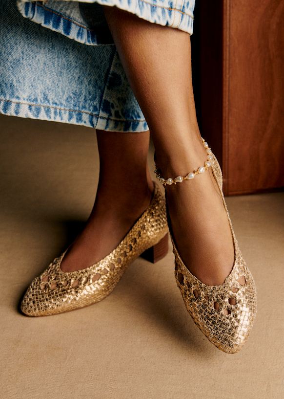 Sezane パンプス Anya High Heels - Ecru/ Snake Braided - Python-embossed