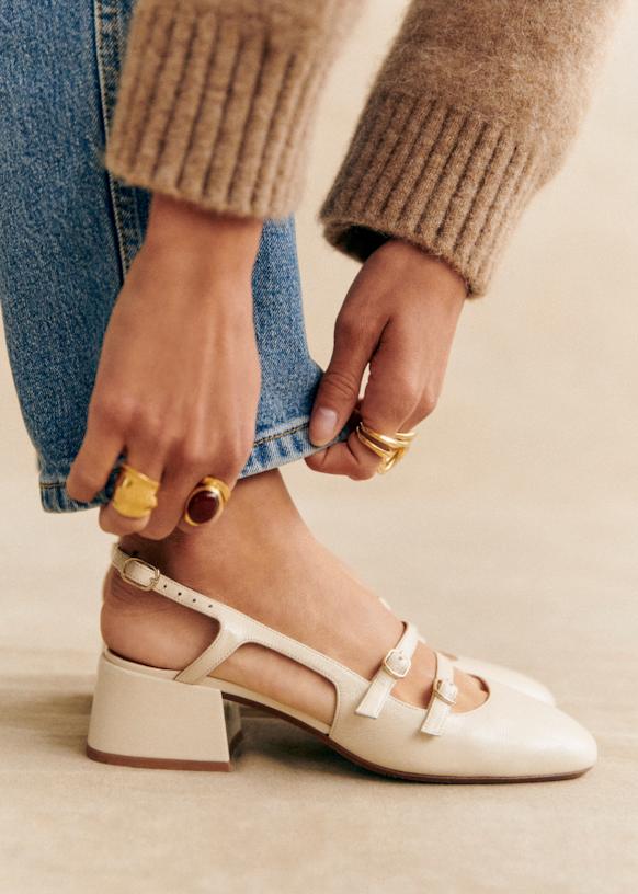 美品 SEZANE セザンヌ PAULA ベイビーズ ストラップ パンプス Paula Babies - Ecru / Black - Sheep leather - Sézane