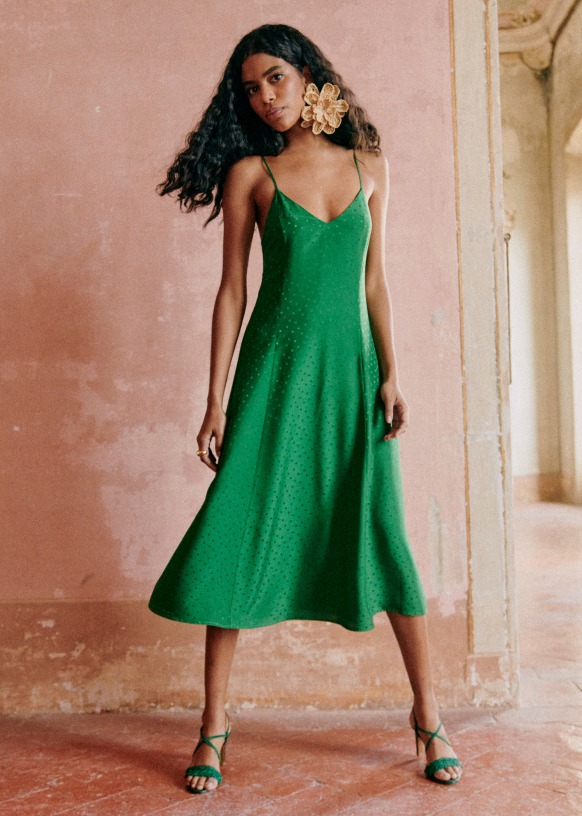 green silk dress