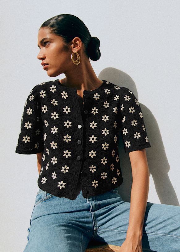 Lorna Shirt - Contrasting Guipure Ecru Blue Flowers - Organic