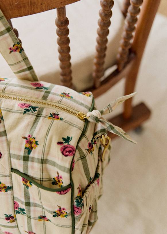 Weekend Bag - Beige Checkered Flowers - Cotton - Sézane