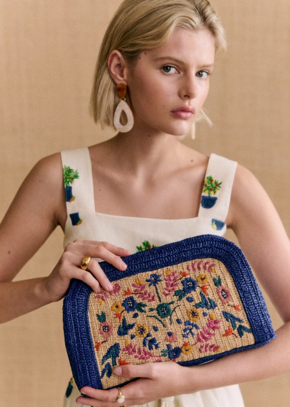 Pochette Carla Raphia Broderie Fleurs Multi Raphia Sezane