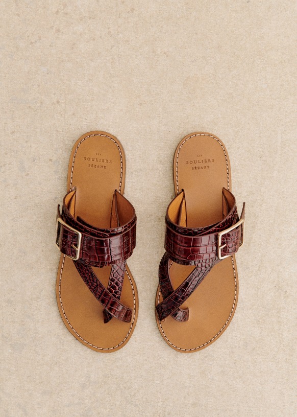 Freya Low Sandals - Chocolate Crocodile Print - Bovine leather