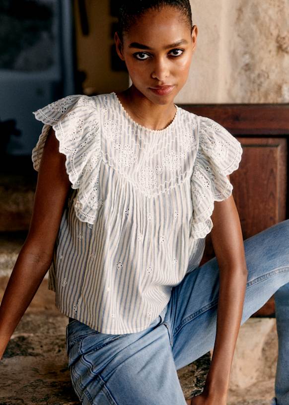 SÉZANE フリル トップス Azura Blouse - Embroidered Blue Stripes - Organic Cotton