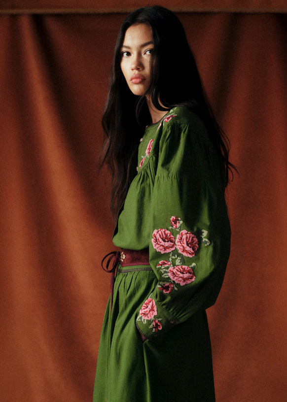 Orla Shirt - Sézane x Baziszt - Bamboo Green with Floral