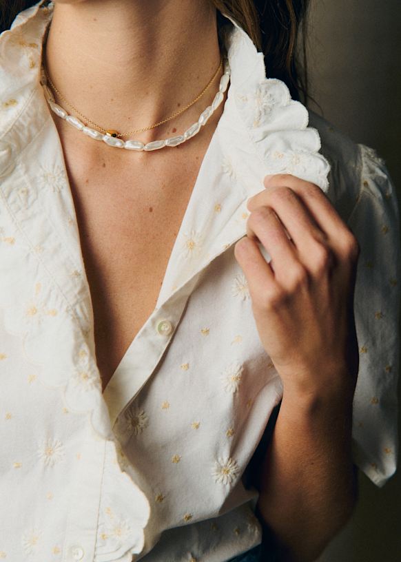 Dalhia Shirt - Marine with Ecru Embroidery - Organic Cotton - Sézane
