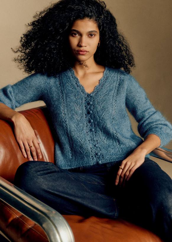 SEZANE Parisレース編みオフショルダー長袖カーディガンS 青 SEZANE Parisレース編みオフショルダー長袖カーディガンS 青