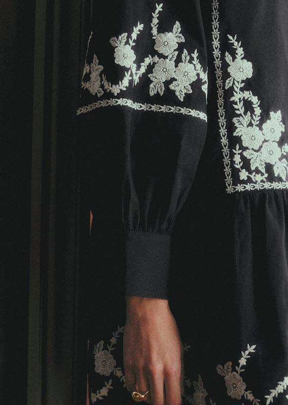 Clarice Dress - Black with Cream Embroidery - Organic Cotton - Szane