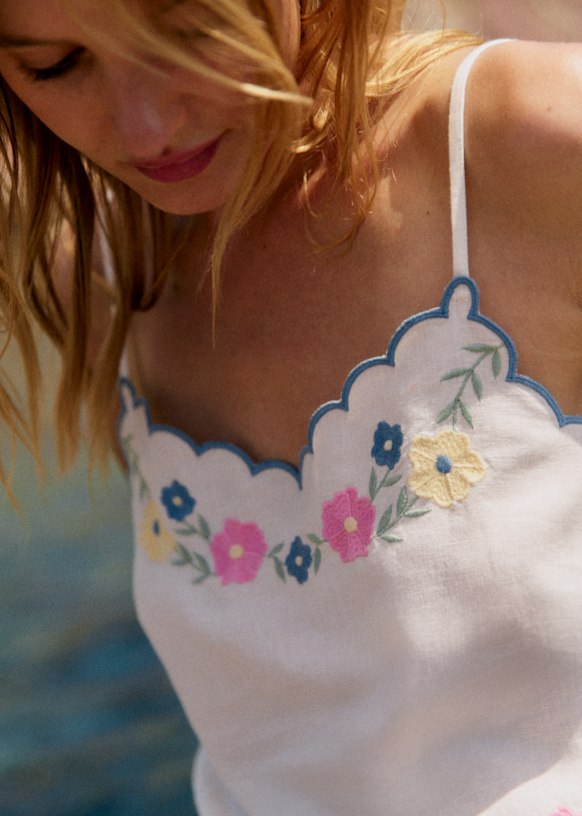 Kora Top - White with Multicolored Floral Embroidery - Linen - Sézane
