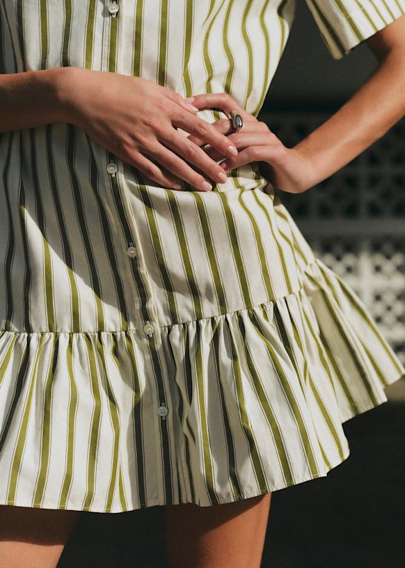 Clotildeドレス - エクリュ カーキ ストライプ - コットン - Sézane