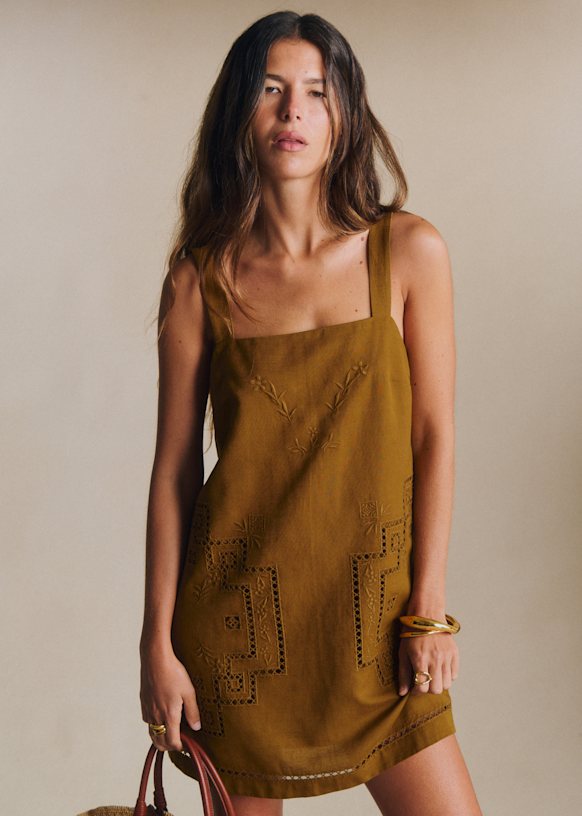 Victoire Dress - Embroidered Bronze - Linen - Sézane