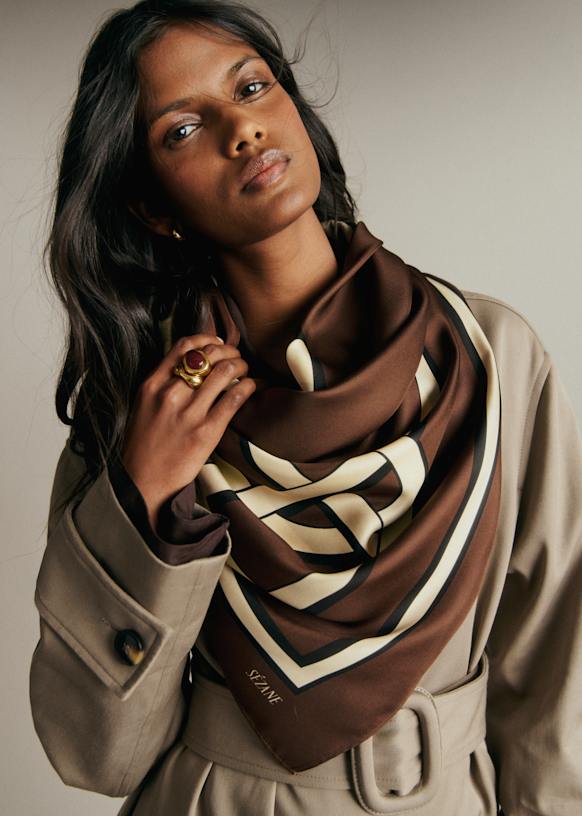 Cleonie Scarf - Chocolate Monogram - Silk - Sézane