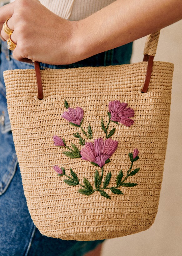 Shopping embroidered raffia tote
