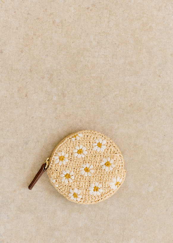 Nicole Coin Purse - Embroidered Pink Flowers Raffia - Raffia