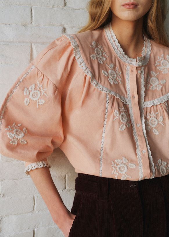 Orla Shirt - Sézane x SEA NY - Pastel Pink with Ecru Embroidery