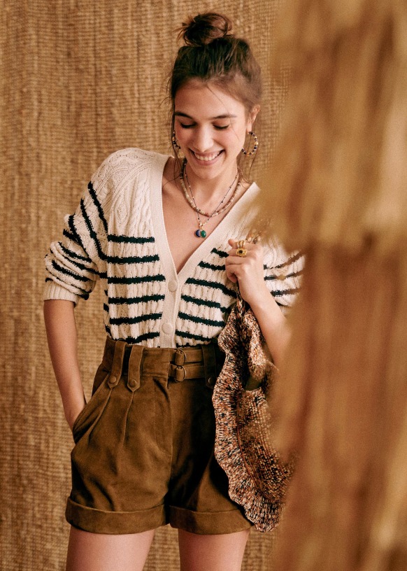 トップス SEZANE MAGDA CARDIGAN XXS Maggy Cardigan - Ecru / Navy - Organic Cotton - Sézane