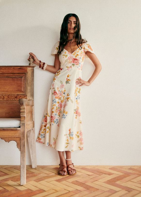 sezane midi dress Nwt Szane Jiana Ella Floral Linen Blend Puff Sleeves Open Back Midi Dress US 10