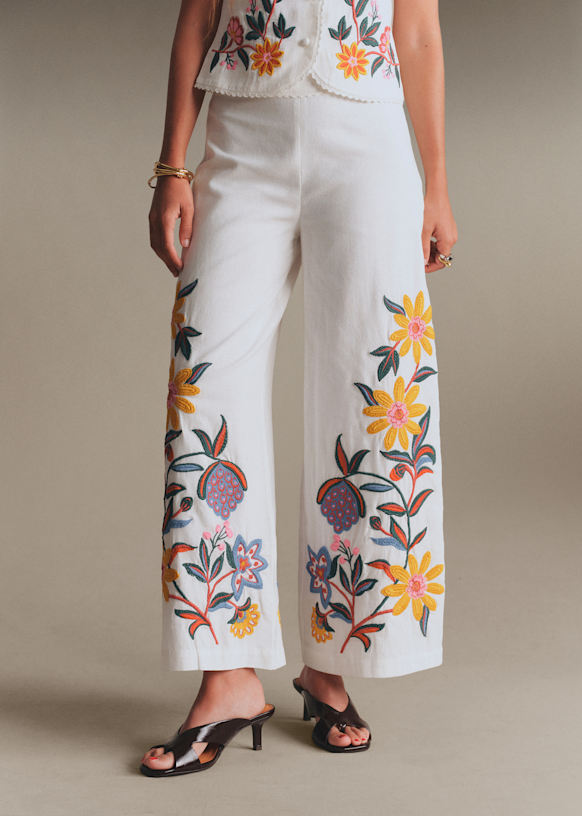 Cosimo Pant - Bouquet Embroidery with Multicolor Ecru Background