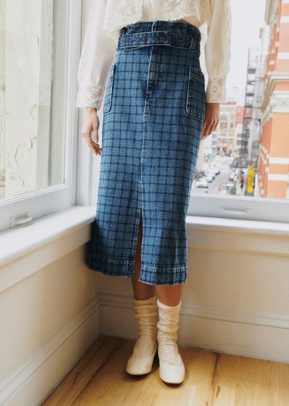 Pylla Skirt - Sézane x SEA NY - Denim with Navy Embroidery