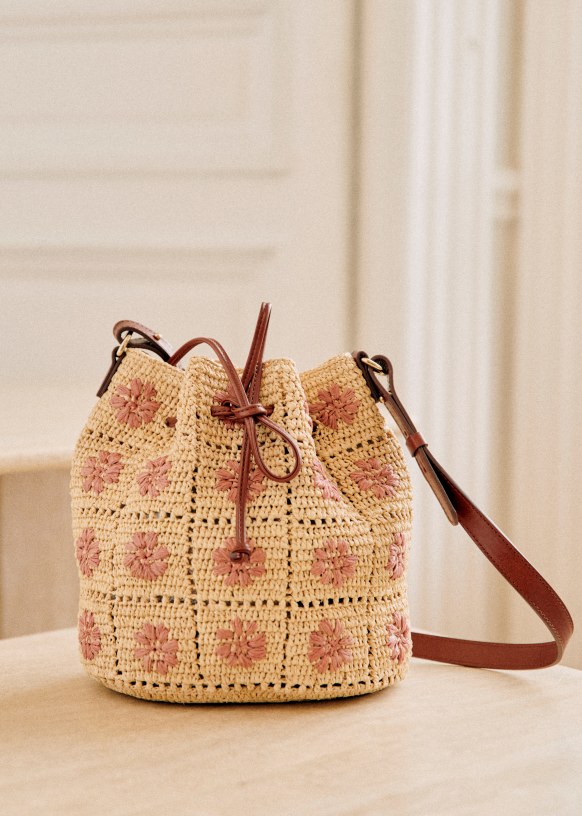 Flower Pattern Drawstring Bucket Bag With Chain Strap Crossbody Bag