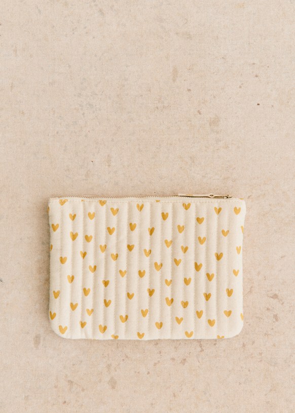 Flat Pouch Ochre Little Hearts Recycled cotton Sezane