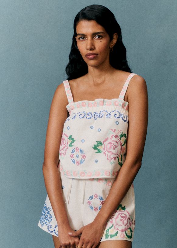 Luciana Top - Sézane x Andion - Green Pink Camellia print