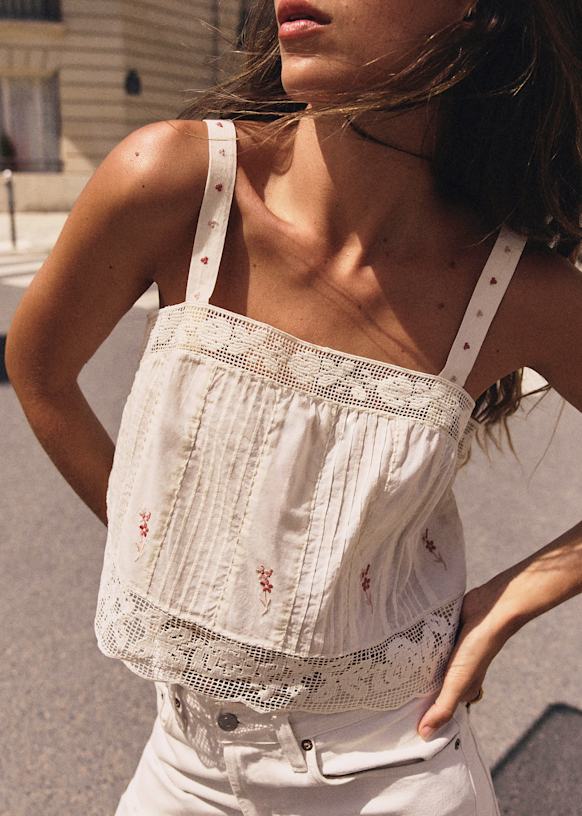 Theoline Top - Ecru With Coquette Pink Contrast Embroidery