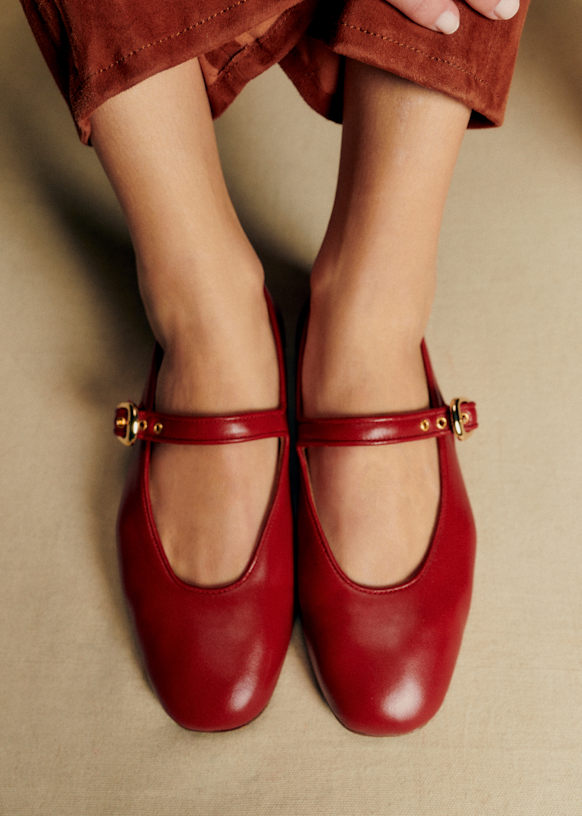 【SEZANE】パリ発！大人気上質レザー繊細編み込みバレエシューズ Valentin バレリーナ - スムースレッド - シープレザー - Sézane