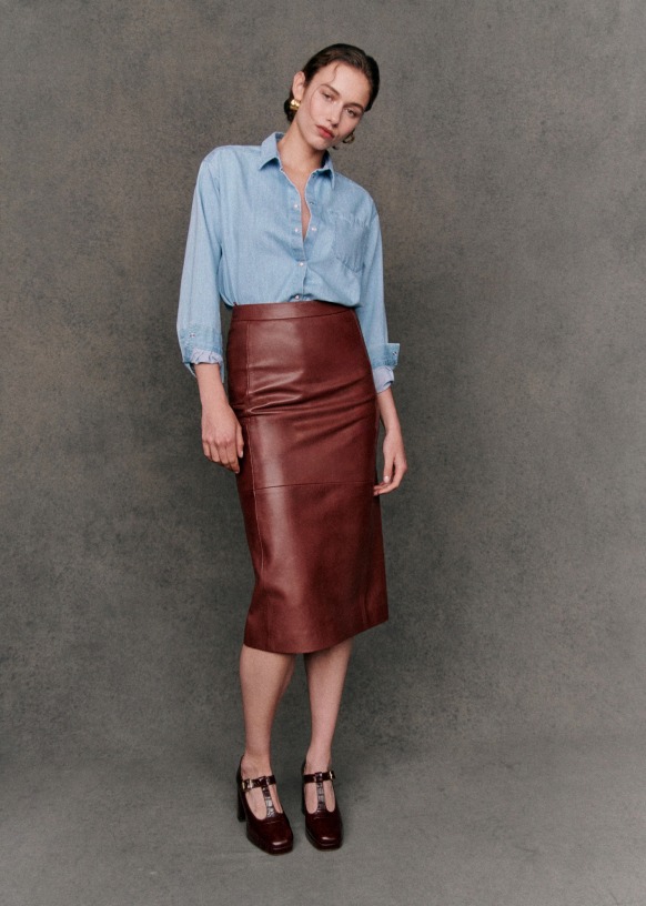 Jupe Magalia Marron Glace Cuir d agneau Sezane