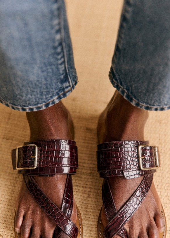 Freya Low Sandals - Chocolate Crocodile Print - Bovine leather