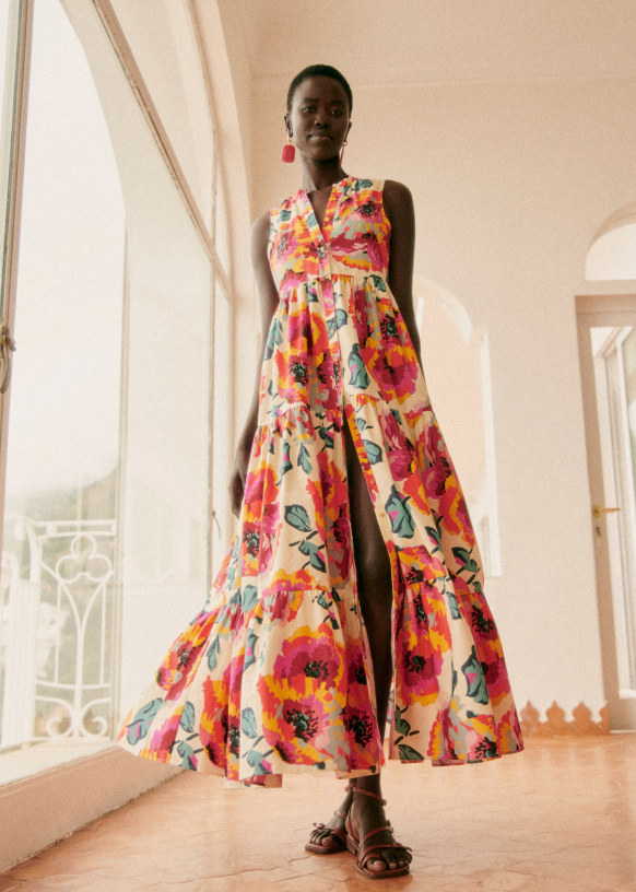 Clari Dress Sezane x Momoni Maxi Flowers Ecru Background Organic cotton organic textile Sezane