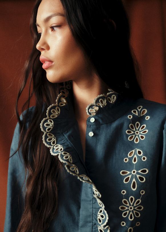 Coline Shirt - Sézane x Baziszt - Lia ecru fond indigo - Organic