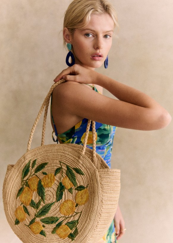 [SEZANE] スモールフラワー刺繍 Juneバスケット June Basket - Embroidered Floral - Raffia - Sézane