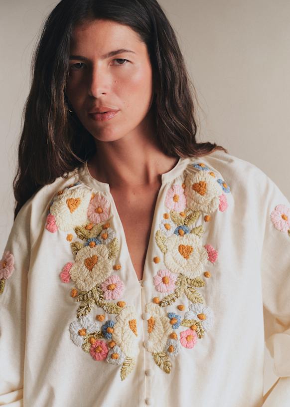 Roma Blouse - Chestnut with 70's Embroidery - Organic Cotton - Sézane